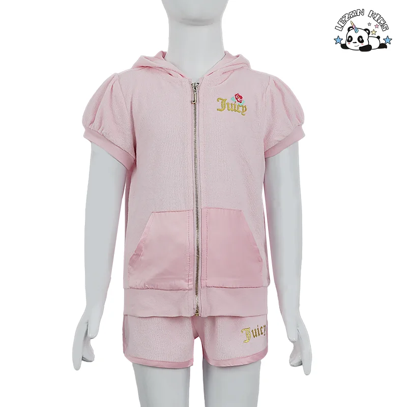 LEZONKIDS - Conjunto esportivo de verão personalizado OEM para meninas, respirável, casual, com shorts de manga curta e 2 peças